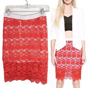REBECCA MINKOFF Bright Coral & White Angelica Lace Overlay Pencil Skirt